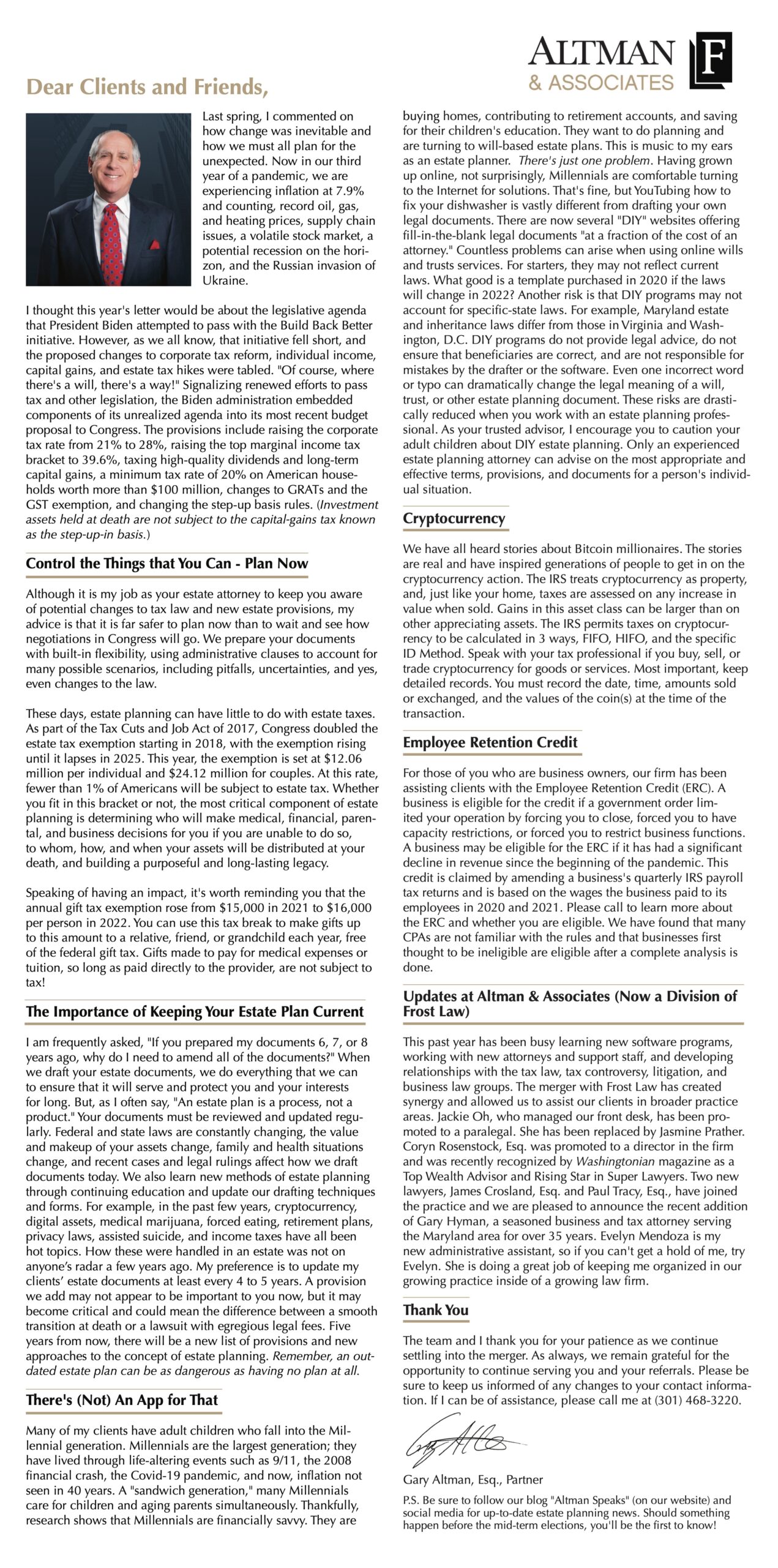Altman Client Letter 2022 | Altman &amp; Associates